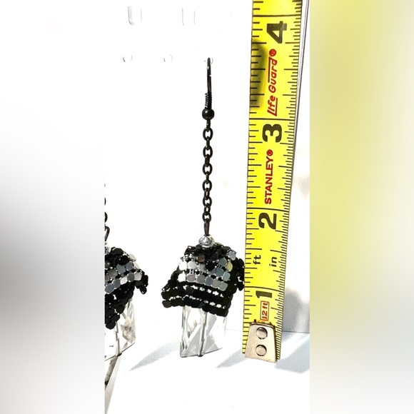 Vintage Retro Dangle Black And Silver Tone Metal Chain And Crystal Hook Earrings - Picture 3 of 8